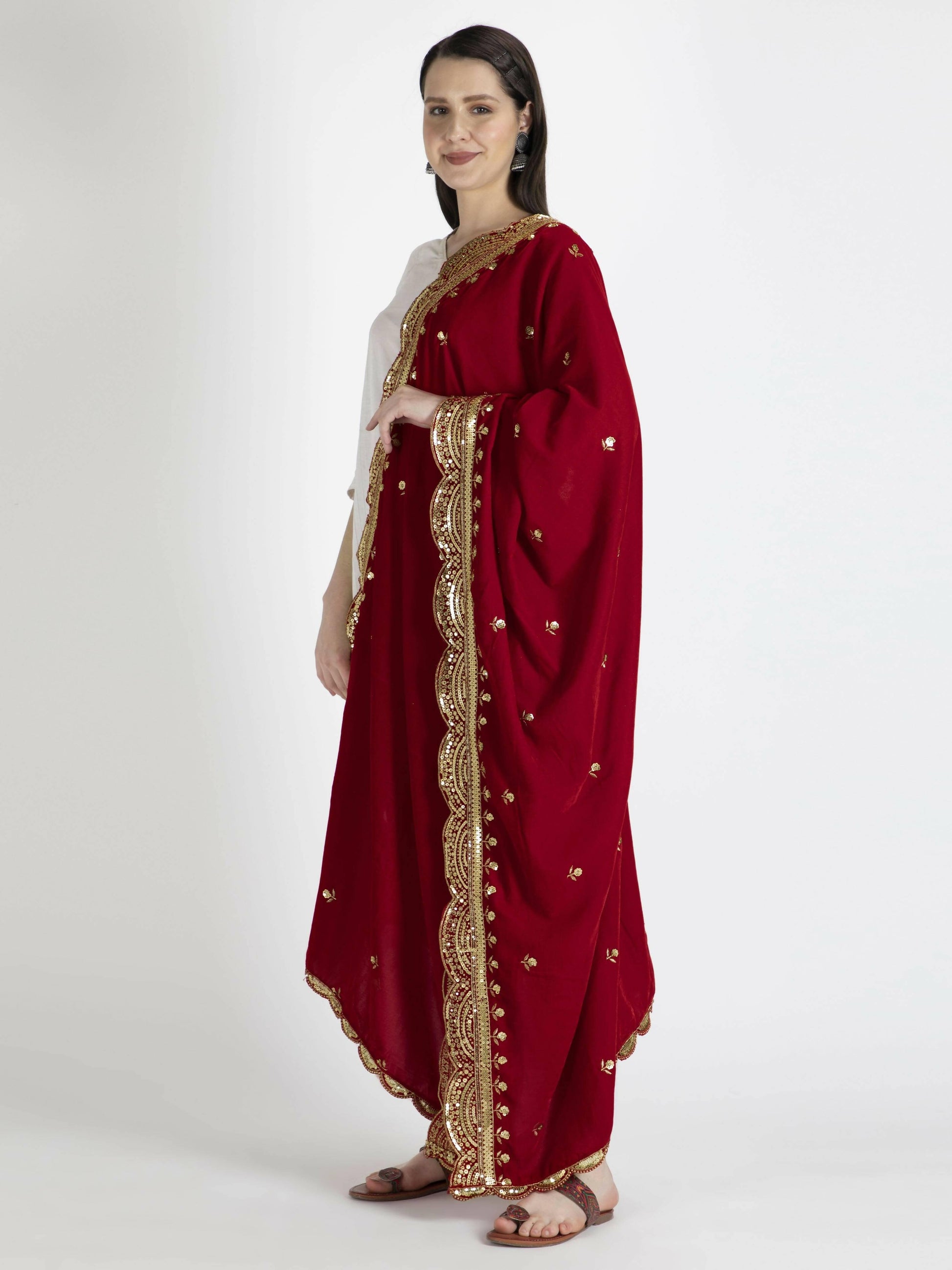 Red Embroidered Velvet Shawl Dupatta for women - HalfPe