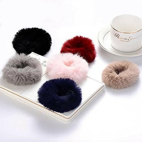 SENECIO Soft Korean Faux Fur Multicolor Fluffy Trendy Hair Tie Scrunchies Rubber (5 pcs, 2 sets) - HalfPe