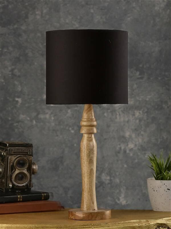 Green Girgit Round Brown Lamp With Black Cotton Shade - HalfPe