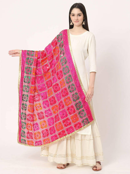 Magenta Phulkari Dupatta with Mirror Work ( Multicolour Embroidery) - HalfPe