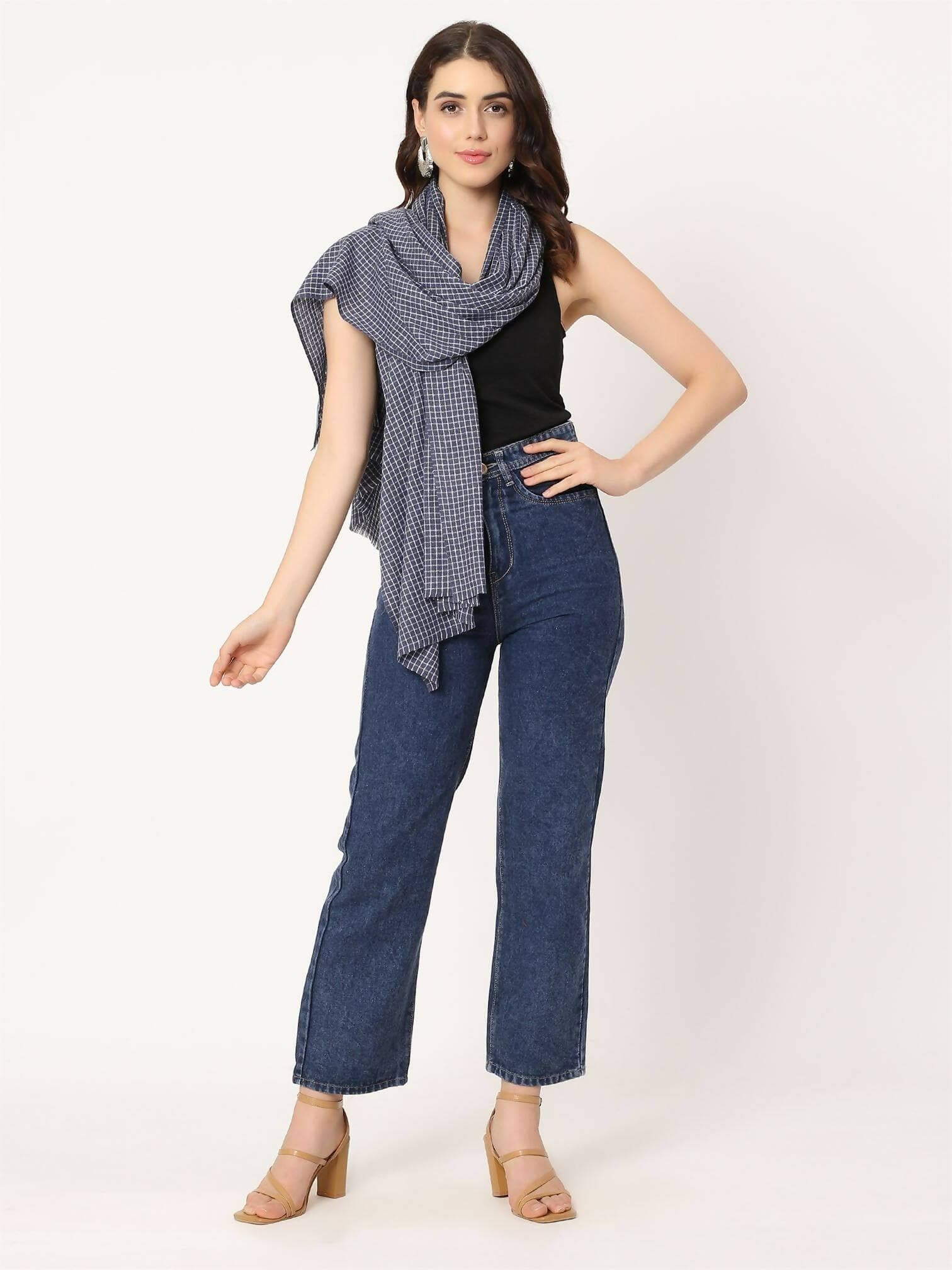 Navy Blue Check Stole for women - HalfPe