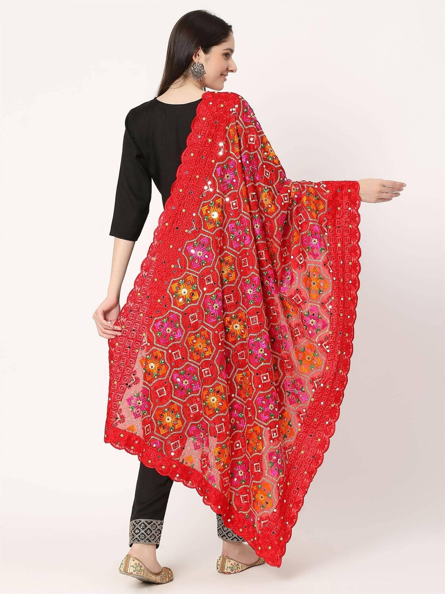 Red Multicolour Embroidery Phulkari Dupatta with Beads - HalfPe