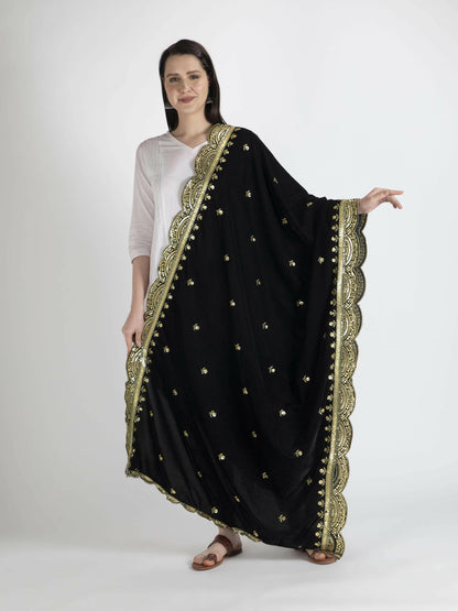 Embroidered Velvet Shawl Dupatta(Black) - HalfPe