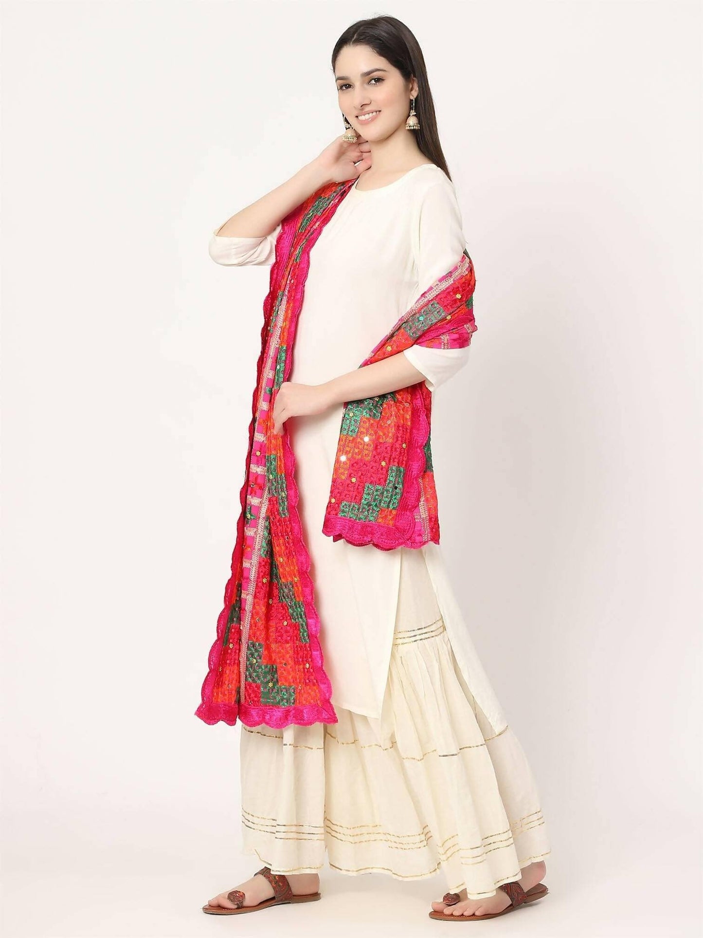 Magenta Embroidery Multicolour Phulkari Dupatta With Beads - HalfPe