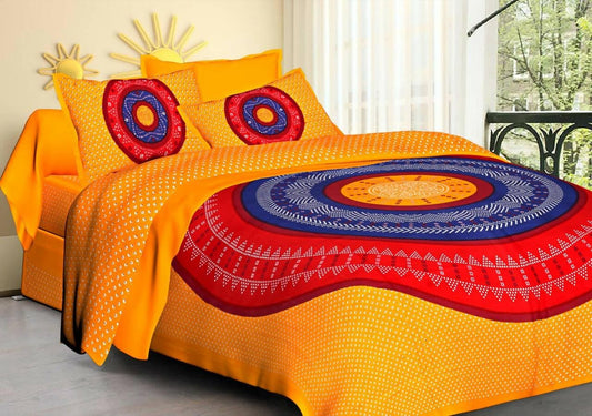 Jaipuri traditional Round CHUNRI Printed Design queen size cotton bedsheet with two pillow cover (Yellow) - HalfPe