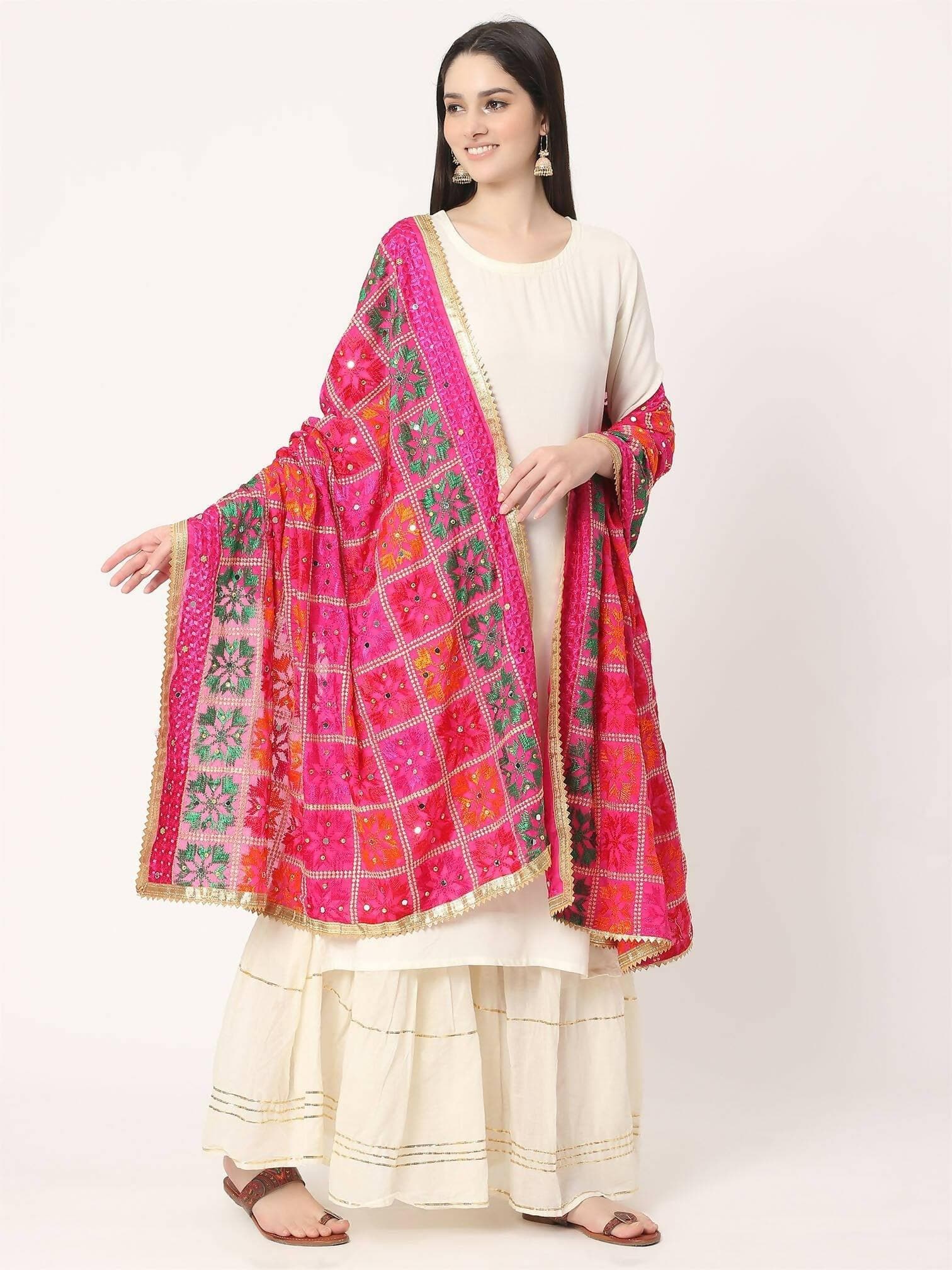 Magenta Phulkari Dupatta with Mirror Work ( Multicolour Embroidery) - HalfPe