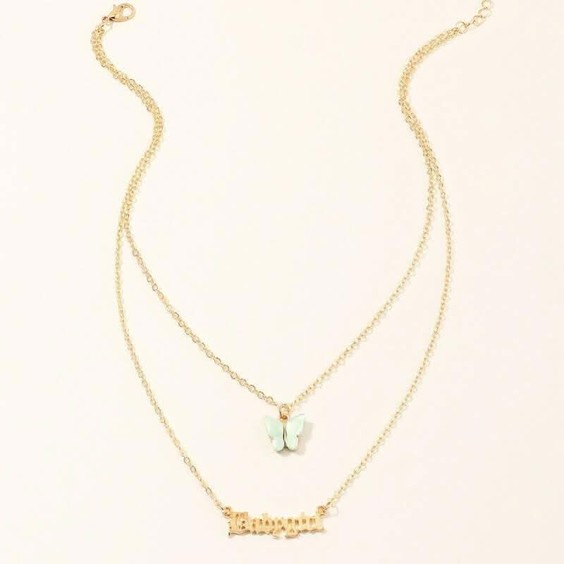 Pinapes Babygirl Letter Acrylic Butterfly Blue Summer Girls Jewelry Multi Layer Necklace - HalfPe