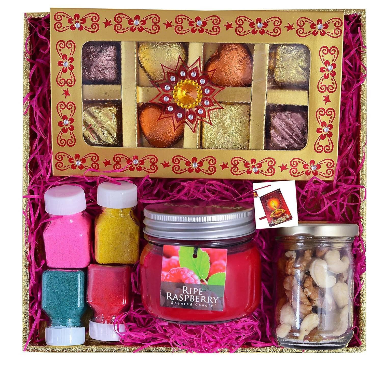 MANTOUSS Diwali Chocolate Gift Pack/Diwali Chocolate Gifts for Corporate Gifting-Designer Chocolate Box +Glass jar Scented Candle +Jar of Mix Dry Fruits+Rangoli Colours+Deepawali Greeting Card - HalfPe