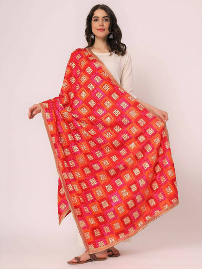 Red Multicolour Embroidery Phulkari Dupatta - HalfPe