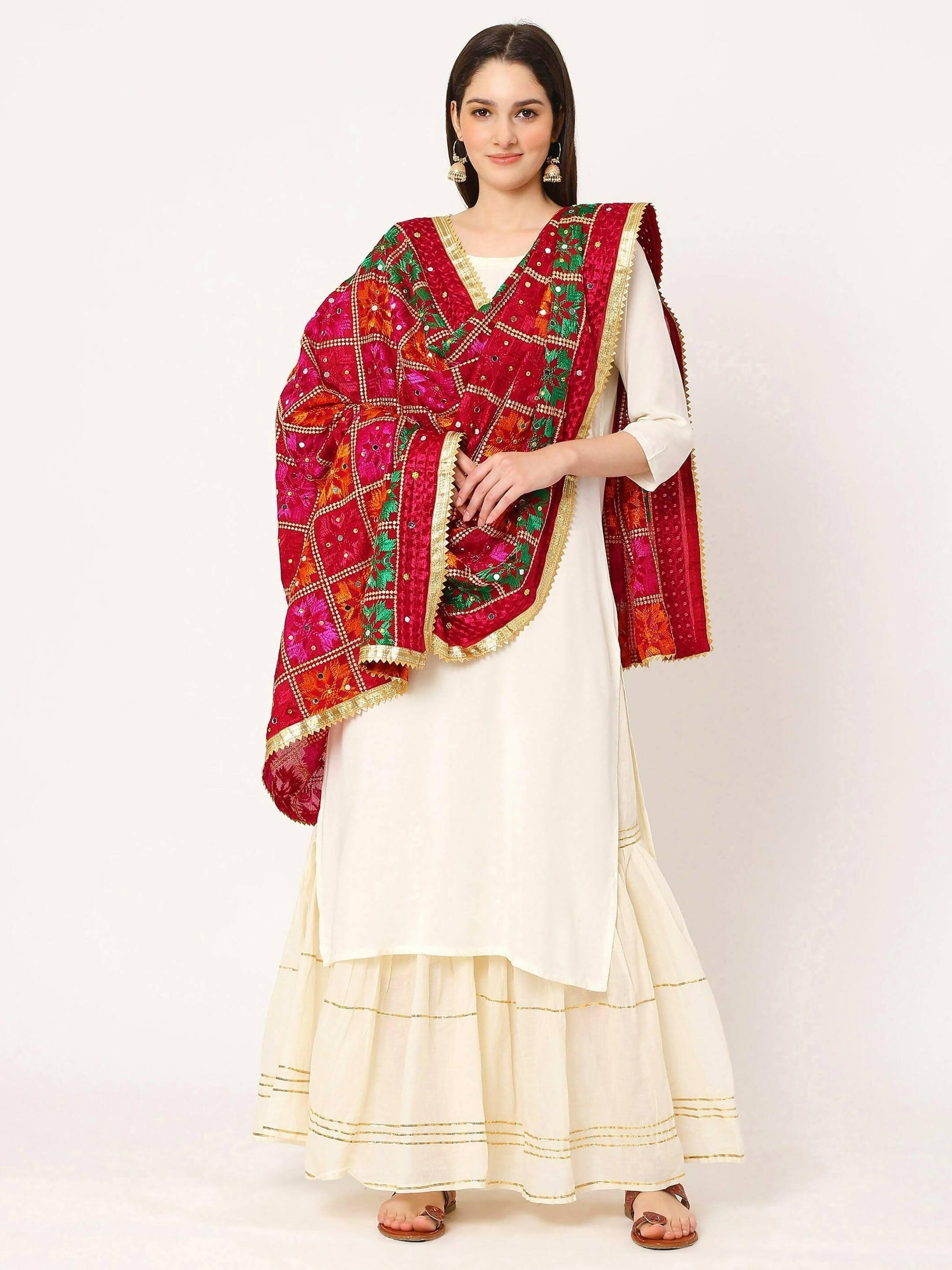 Maroon Multicolour Embroidery Phulkari Dupatta with Mirror Work - HalfPe