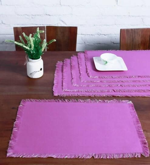 Lushomes dining table mats 6 pieces, Reversible Fancy Fringe dining table mat, dining table accessories for home, kitchen accessories items, Purple and Beige (13 x 19 Inches, Pack of 6) - HalfPe