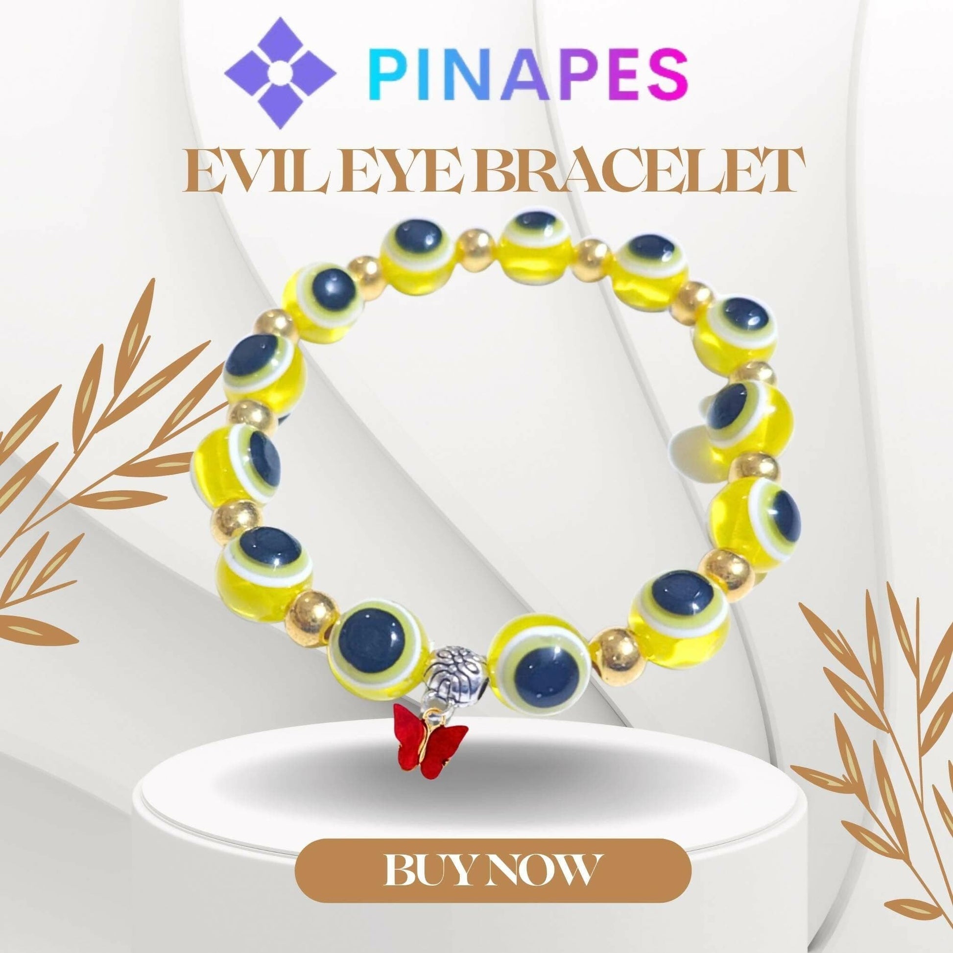 Pinapes Butterfly Beads and Evil Eye Charm Bracelet A Must-Have for Fashionable and Superstitious Women with red butterfly (yellow) - HalfPe