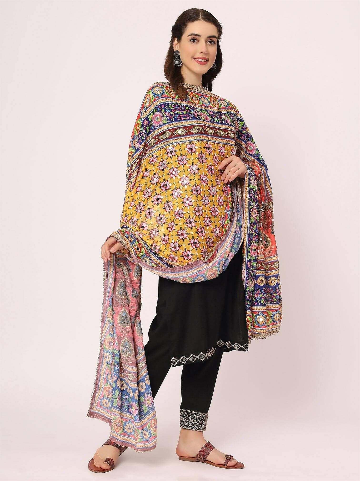 Chiffon Digital Print Pakistani Dupatta with Mirror Work(multi-colored design) - HalfPe