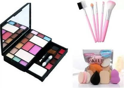 Bingeable Multicolour Makeup Kit and 5 Pink Light Weight Makeup Brushes with Makeup Sponges - HalfPe