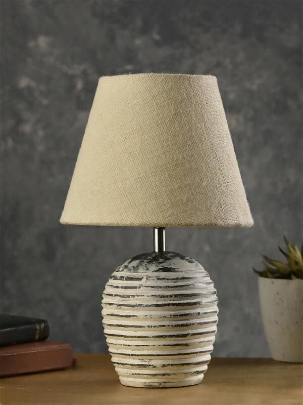 Striped Wooden White Lamp With White Jute Shade - HalfPe