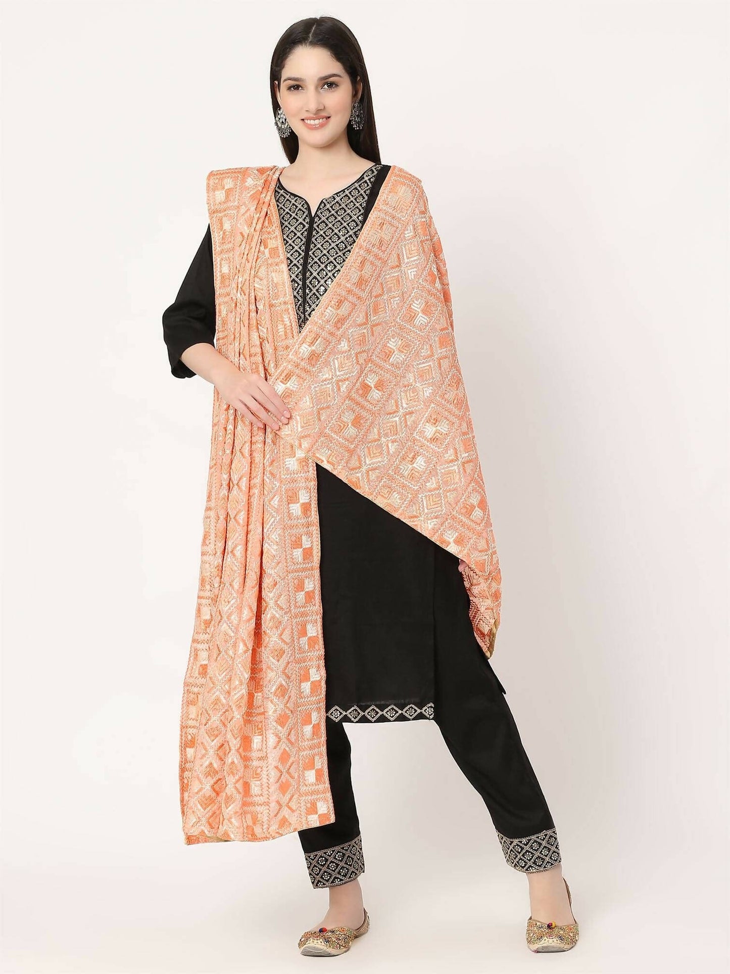 Peach and off white Embroidery Phulkari Dupatta - HalfPe