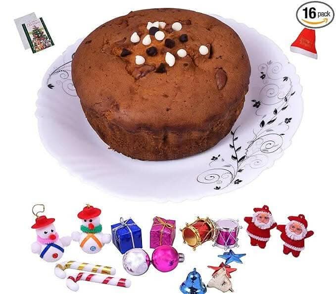 MANTOUSS Christmas Gift of Cake-Christmas Plum Cake(300gms) + Christmas Card + Santa Cap + Christmas Tree Decoration Set - HalfPe